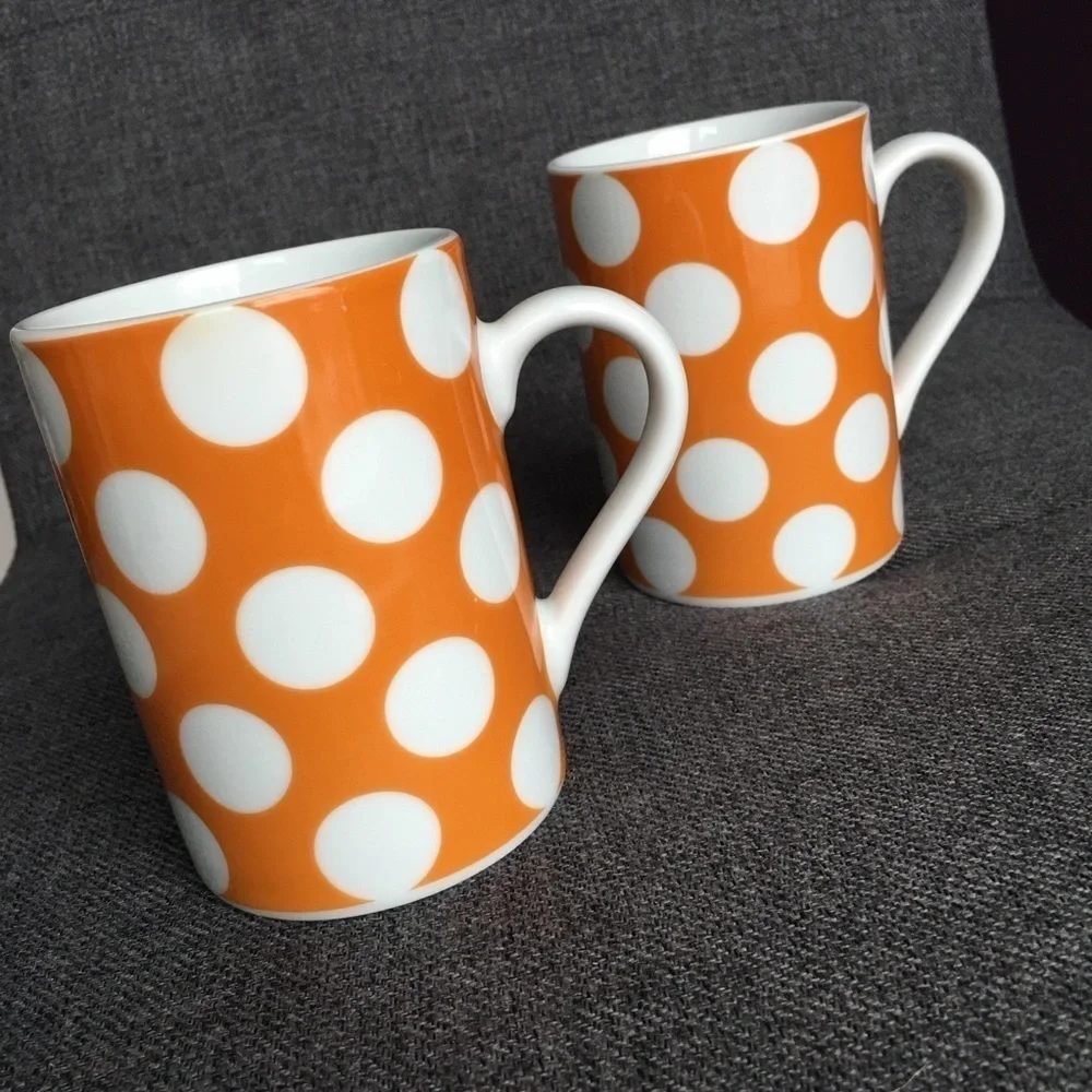 Set/2 Polka Dot Coffee Mugs, Yellow, White, 10 oz